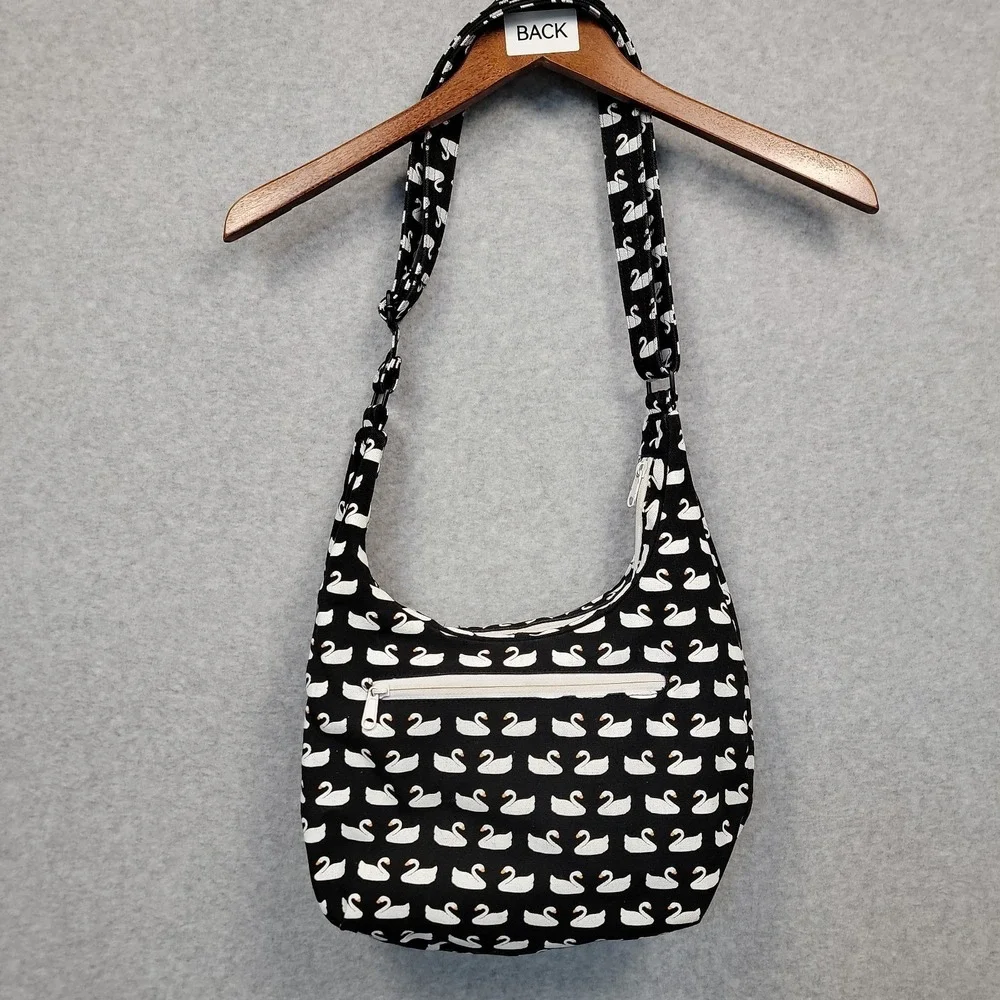 KAVU Satchel Crossbody Bag Shoulder Purse Black & White Swan Pattern Canvas